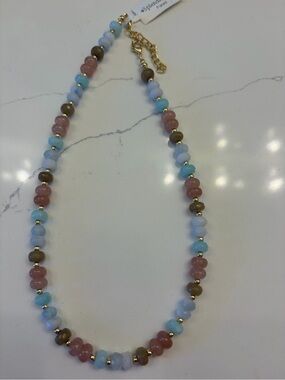 Splendid Iris Pink, Light Blue & Brown Beaded Necklace